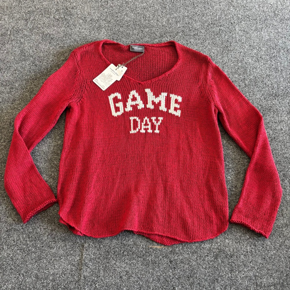 Wooden Ships Game Day V Cotton Sweater Red Chile White S/M NWT K53C2W905